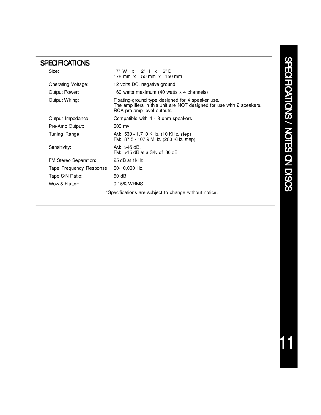 RCA AV-428 manual Specifications / Notes on Discs 