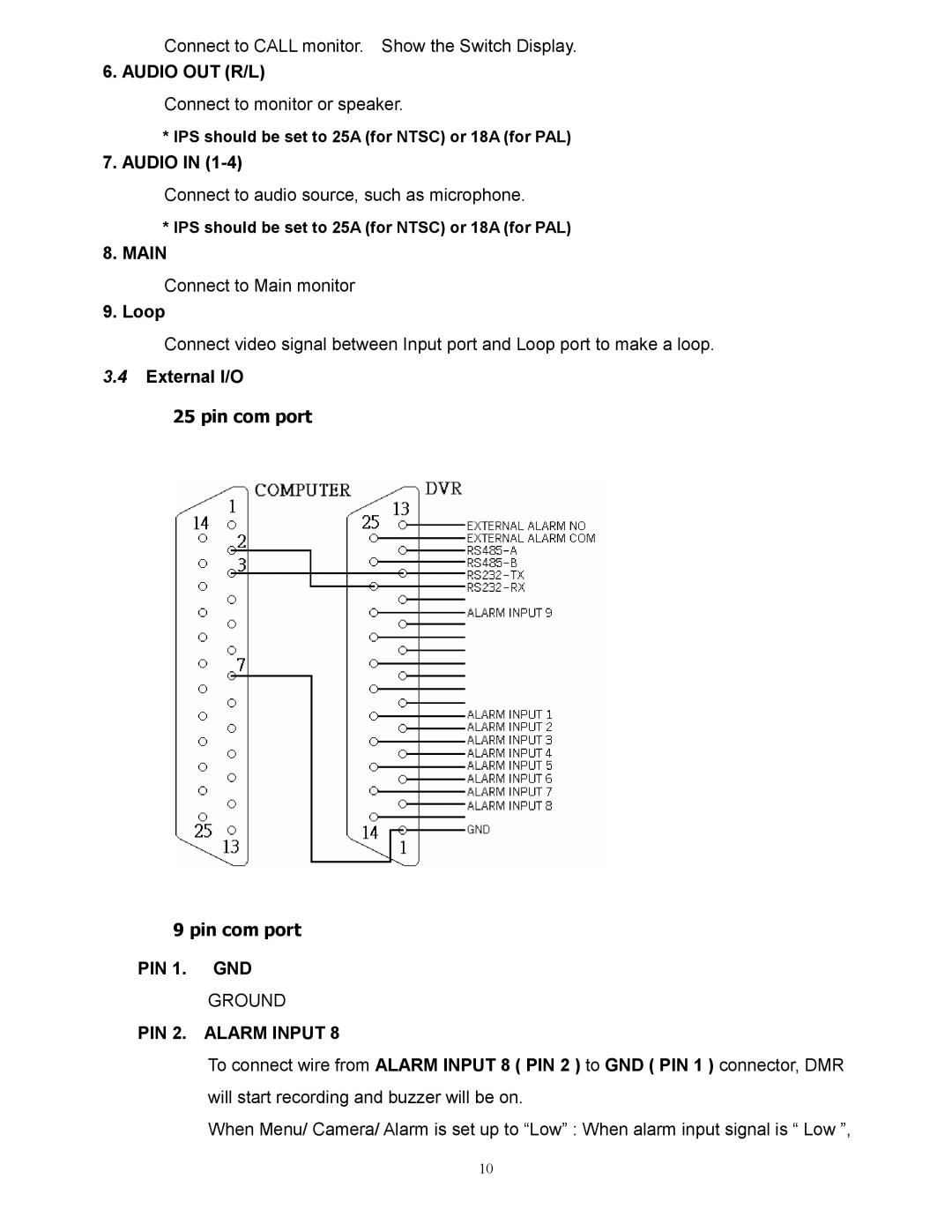 RCA AVC 776 appendix Audio OUT R/L, Main, PIN 1. GND Ground PIN 2. Alarm Input 