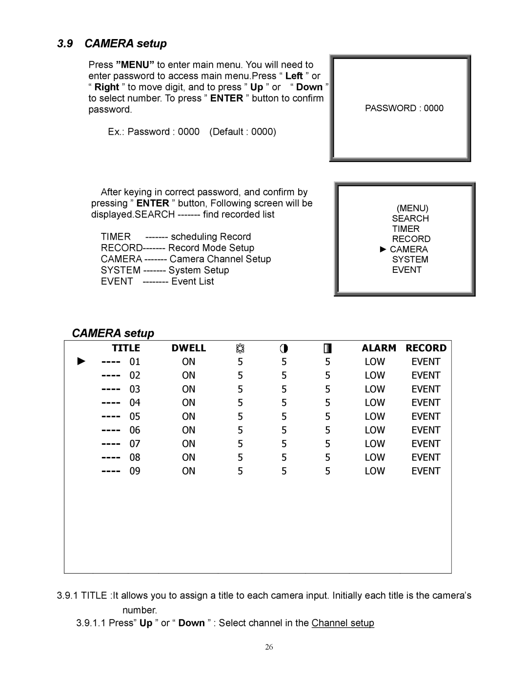 RCA AVC 776 appendix Camera setup, Title Dwell Alarm Record LOW Event 