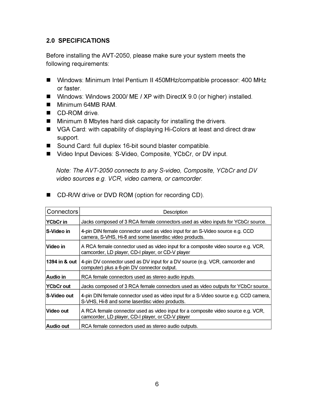 RCA AVT-2050 instruction manual Specifications, Video 