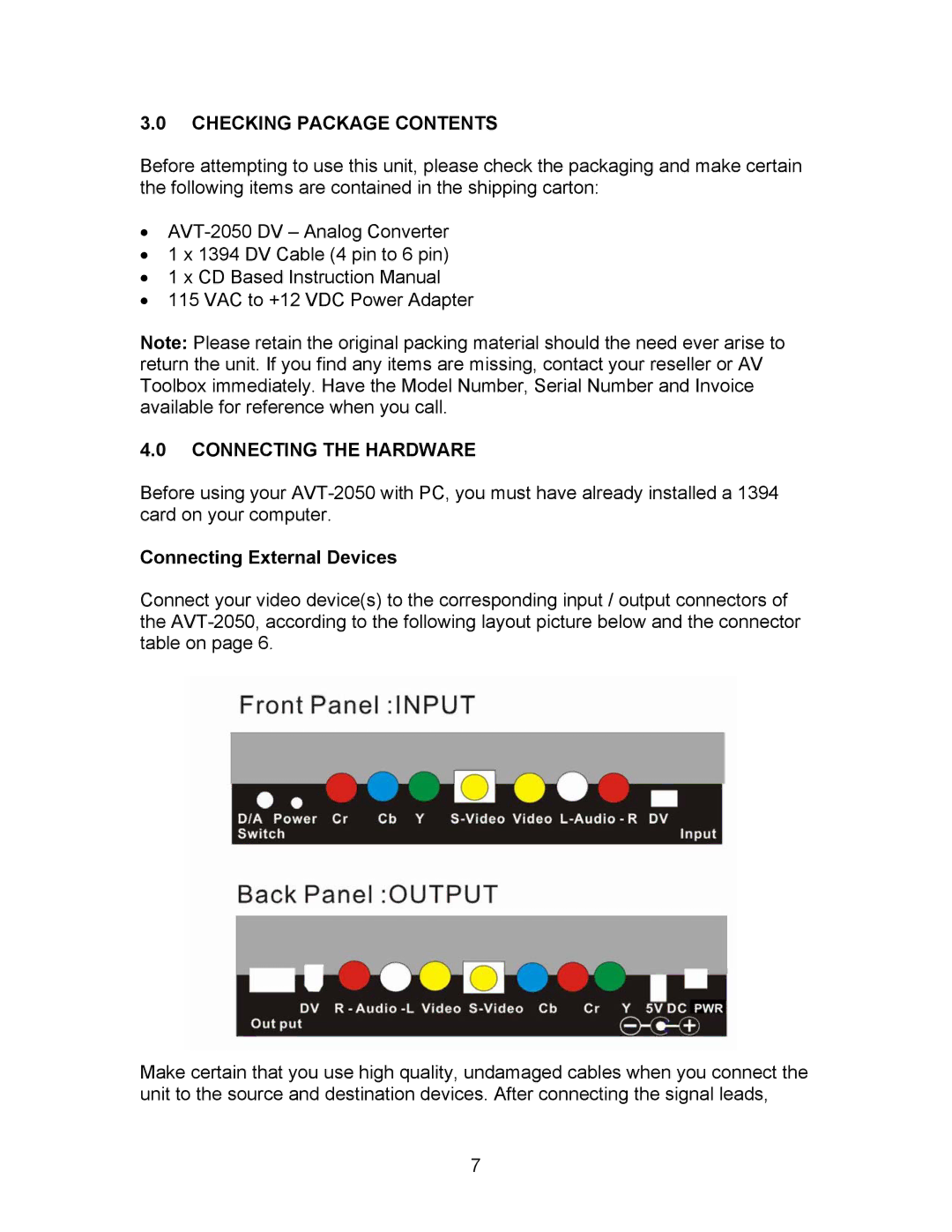 RCA AVT-2050 instruction manual Checking Package Contents, Connecting the Hardware 