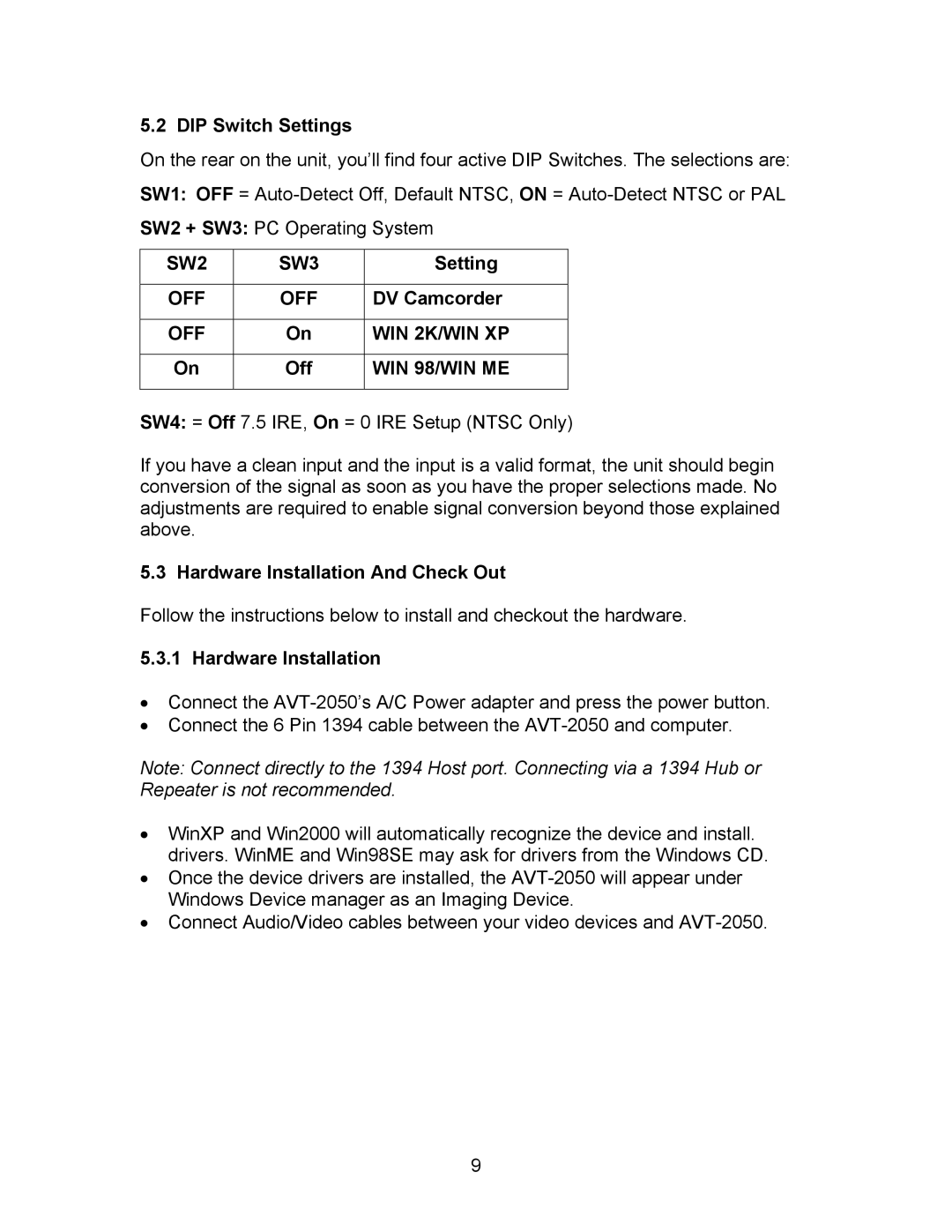 RCA AVT-2050 instruction manual SW2 SW3, Off, OFF WIN 2K/WIN XP, WIN 98/WIN ME 