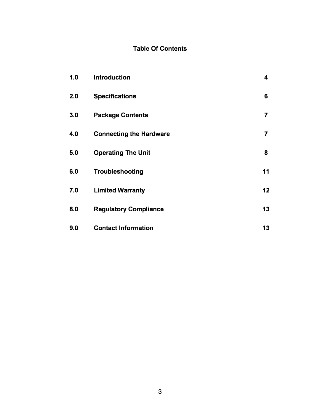 RCA AVT-2050 Table Of Contents, Introduction, Specifications, Package Contents, Connecting the Hardware, Troubleshooting 