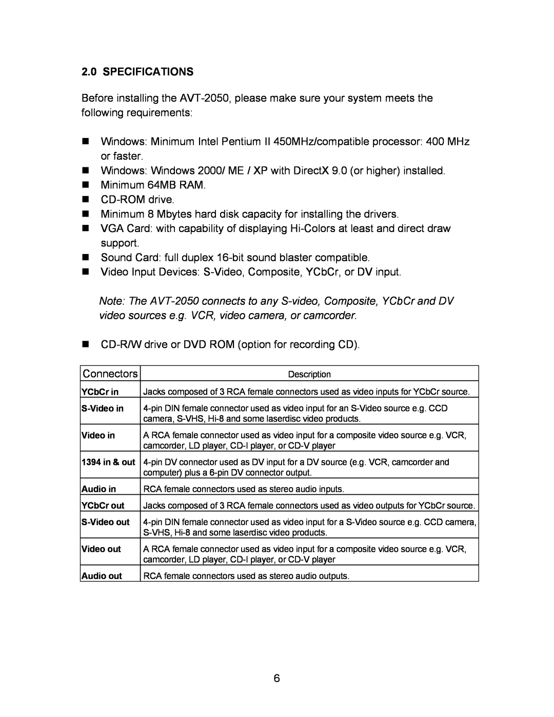RCA AVT-2050 instruction manual Specifications 