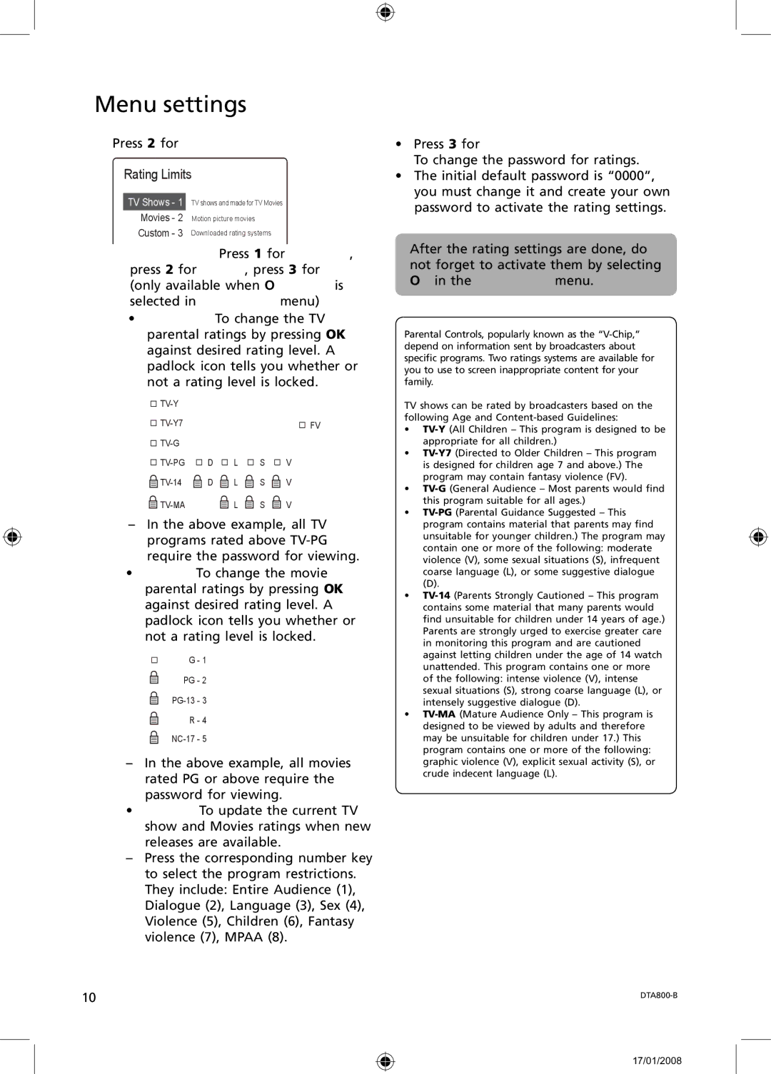 RCA B-008ATD user manual Press 2 for Rating Limits 