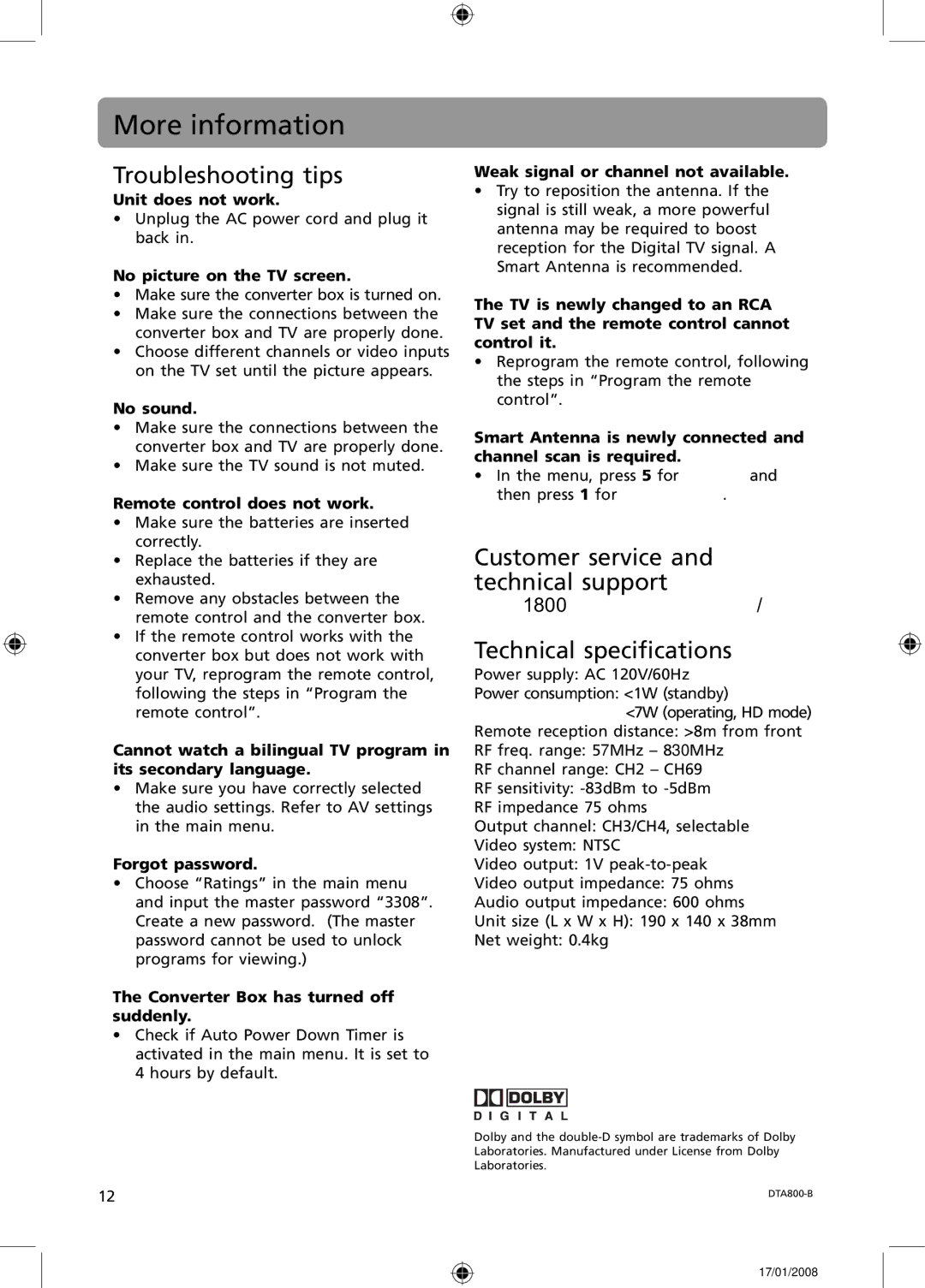 RCA B-008ATD user manual More information, Troubleshooting tips 