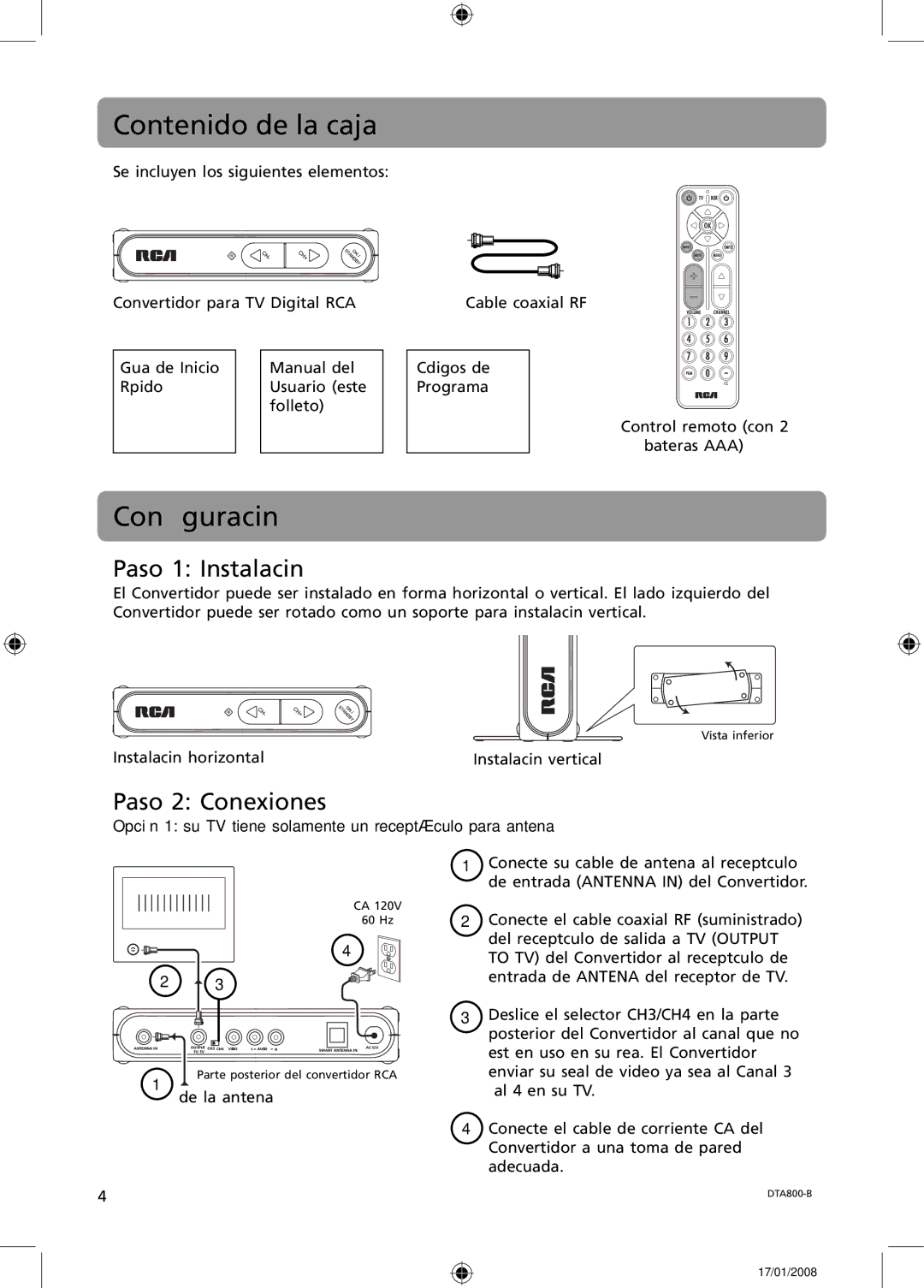 RCA B-008ATD user manual Contenido de la caja, Conﬁguración, Paso 1 Instalación, Paso 2 Conexiones 