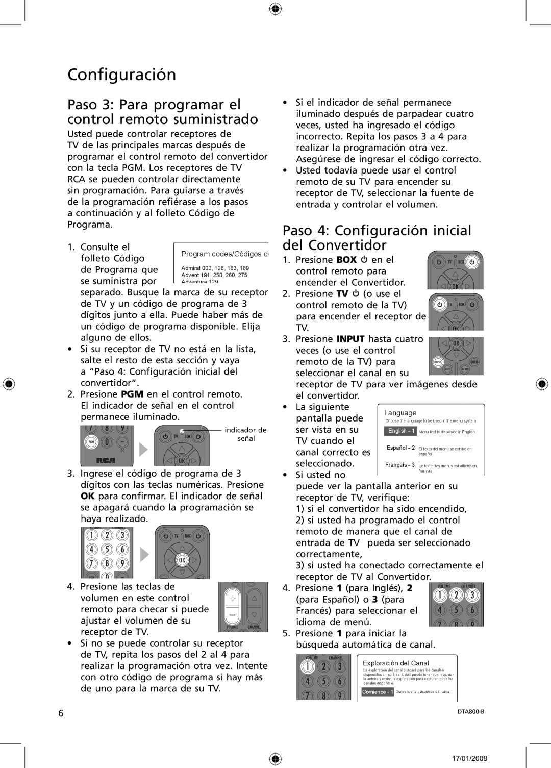 RCA B-008ATD user manual Paso 3 Para programar el control remoto suministrado, Paso 4 Conﬁguración inicial del Convertidor 