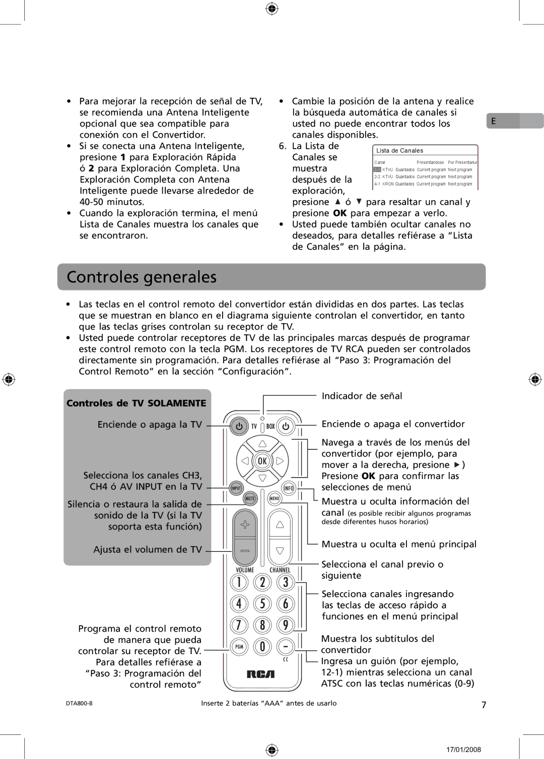 RCA B-008ATD user manual Controles generales, Controles de TV Solamente 