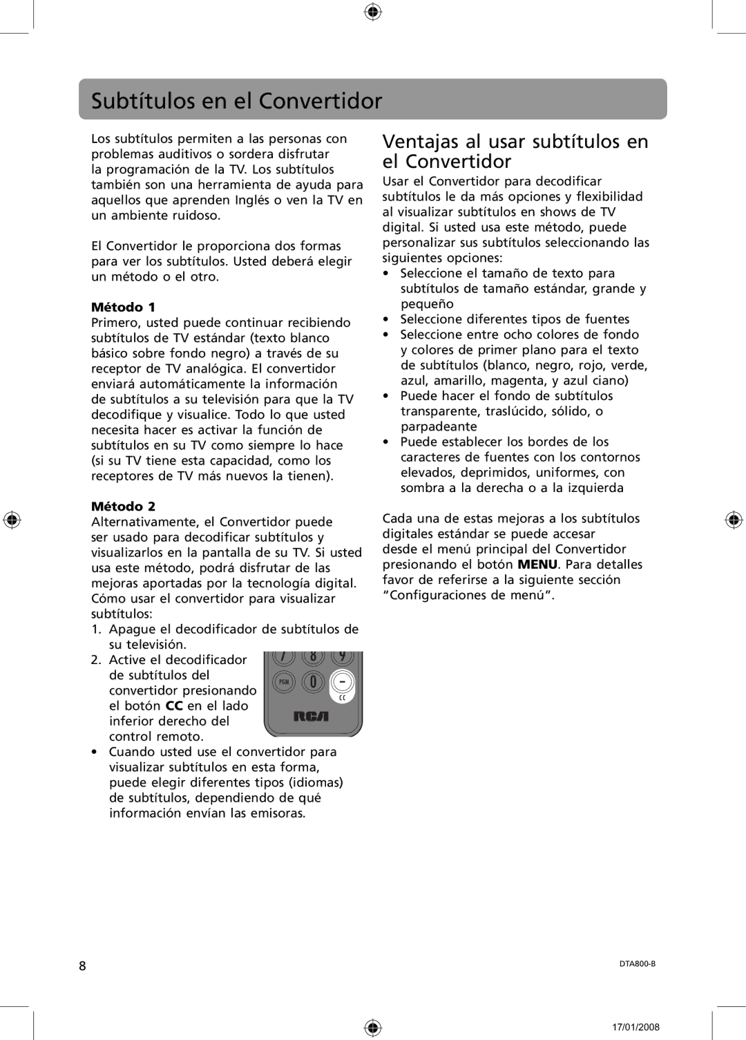 RCA B-008ATD user manual Subtítulos en el Convertidor, Ventajas al usar subtítulos en el Convertidor, Método 