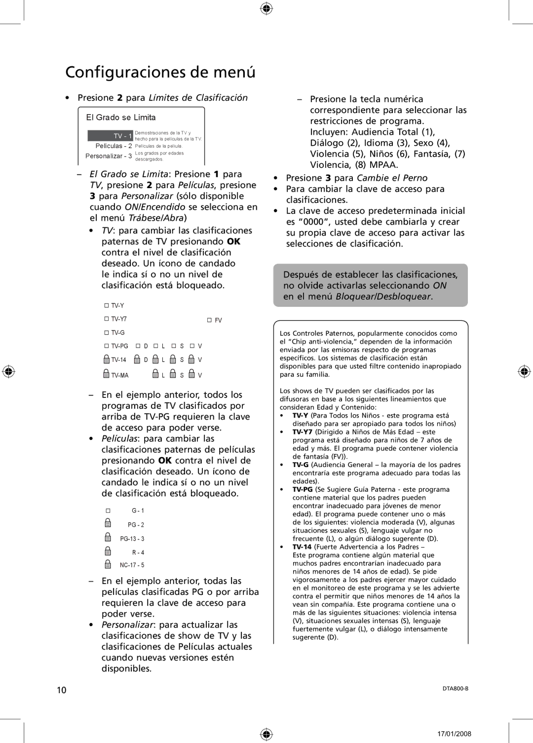 RCA B-008ATD user manual Presione 2 para Límites de Clasiﬁcación 