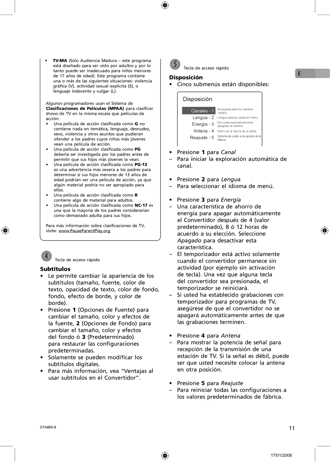 RCA B-008ATD user manual Disposición, Subtítulos 