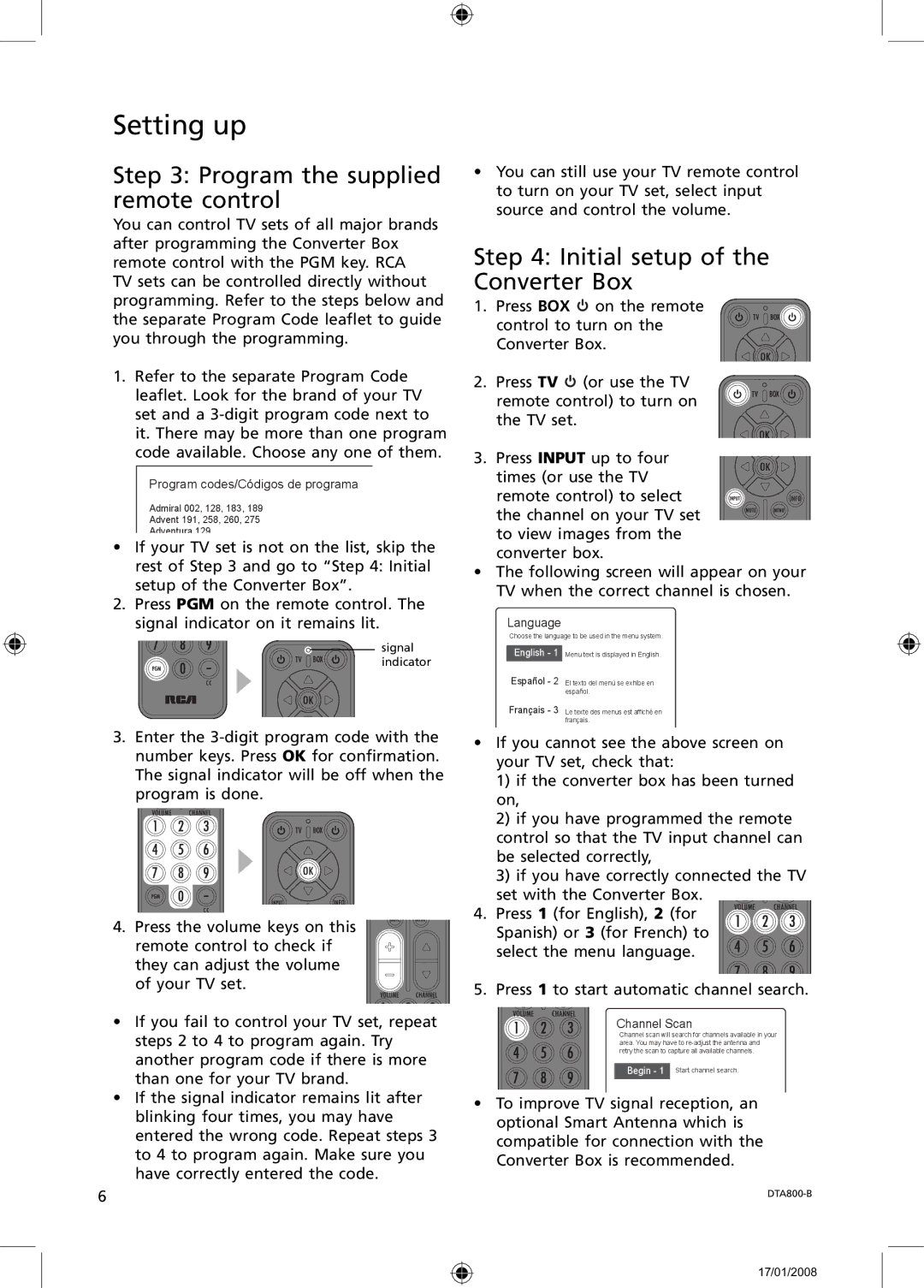 RCA B-008ATD user manual Program the supplied remote control, Initial setup of the Converter Box 