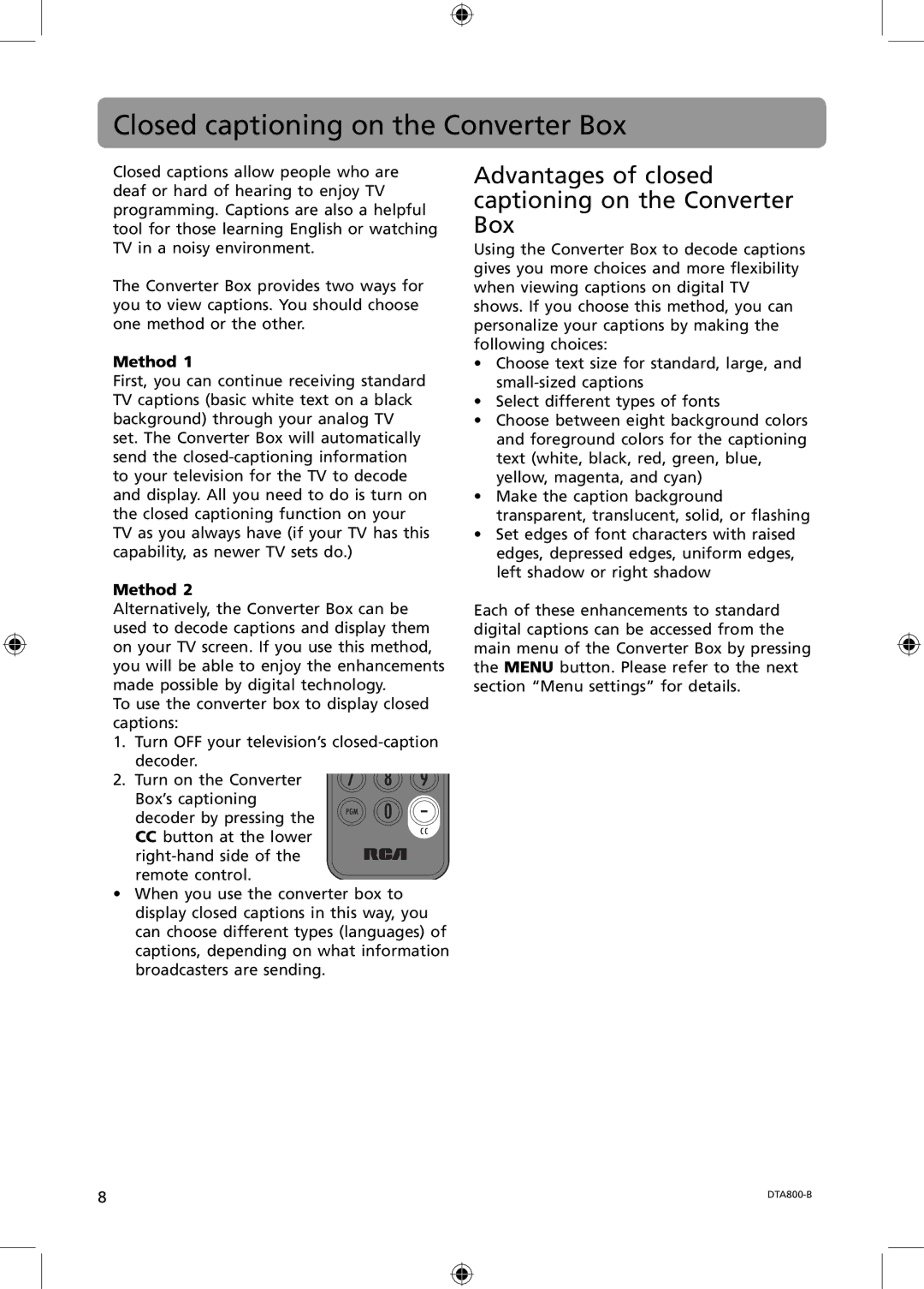 RCA B-008ATD Closed captioning on the Converter Box, Advantages of closed captioning on the Converter Box, Method 