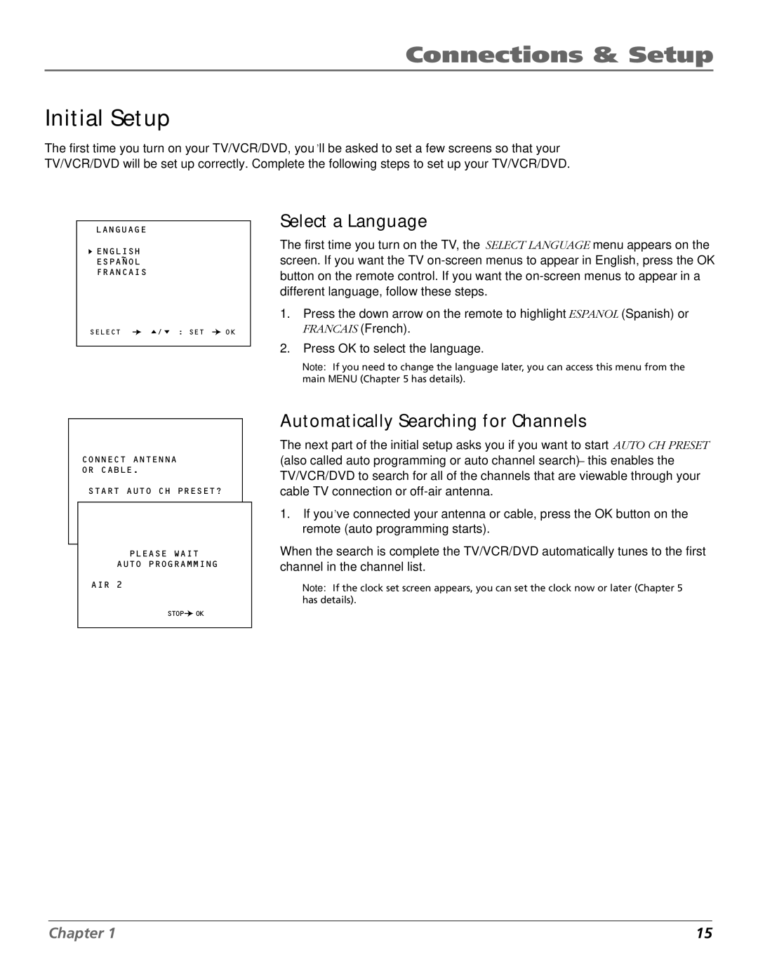 RCA B27TF680 manual Initial Setup, Select a Language, Automatically Searching for Channels 