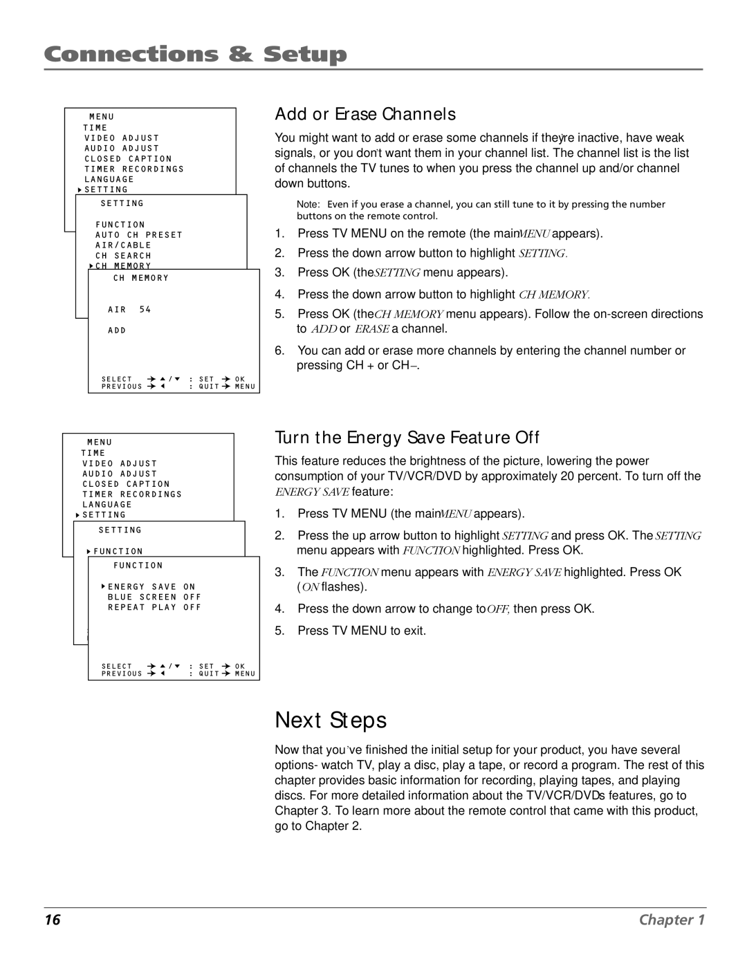 RCA B27TF680 manual Next Steps, Add or Erase Channels, Turn the Energy Save Feature Off 