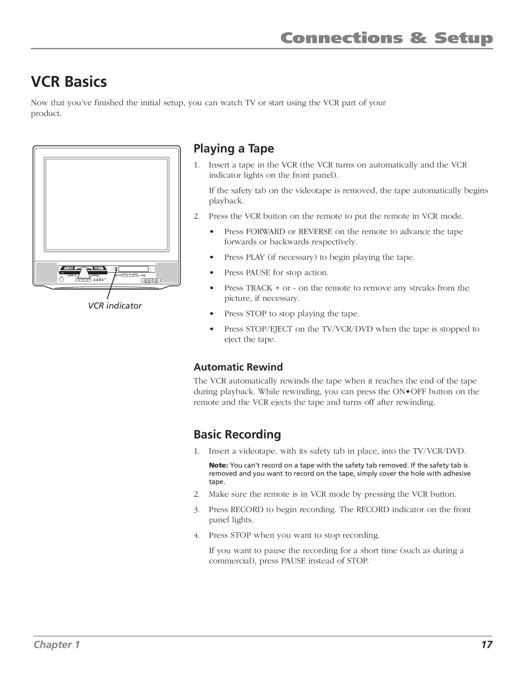 RCA B27TF680 manual VCR Basics, Playing a Tape, Basic Recording, Automatic Rewind 