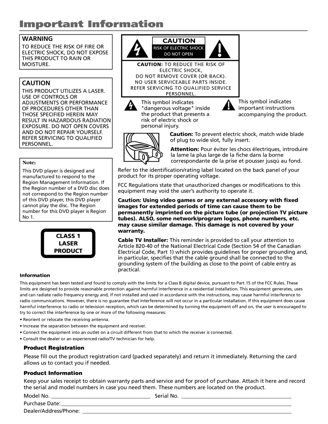 RCA B27TF680 manual Important Information, Class Laser Product 