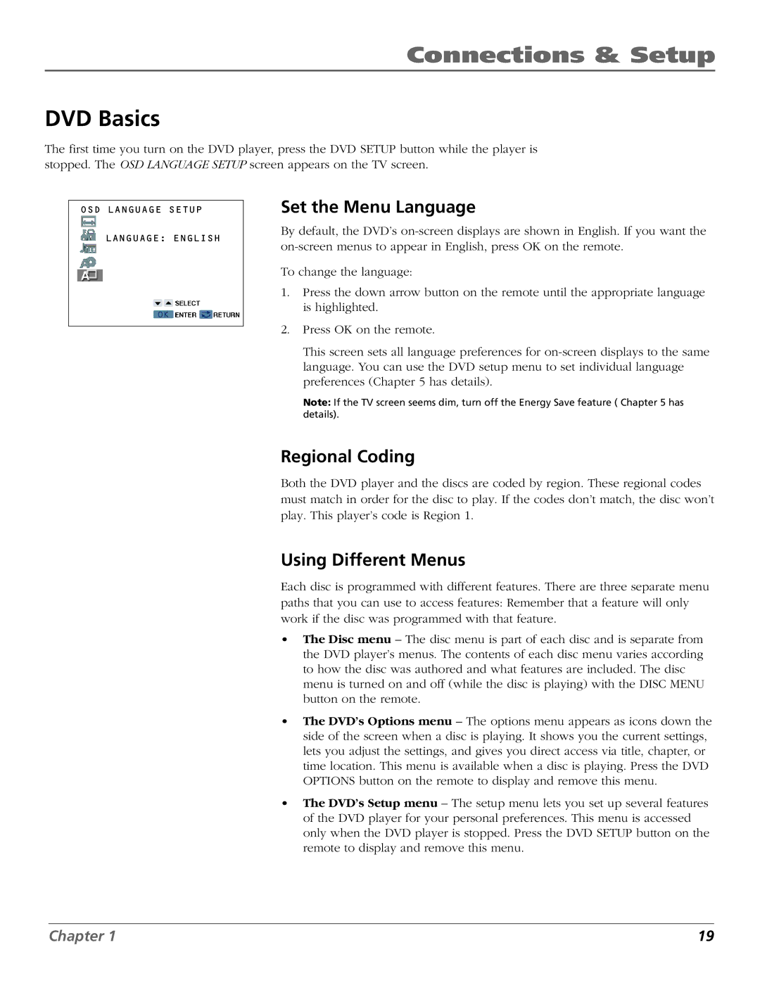 RCA B27TF680 manual DVD Basics, Set the Menu Language, Regional Coding, Using Different Menus 