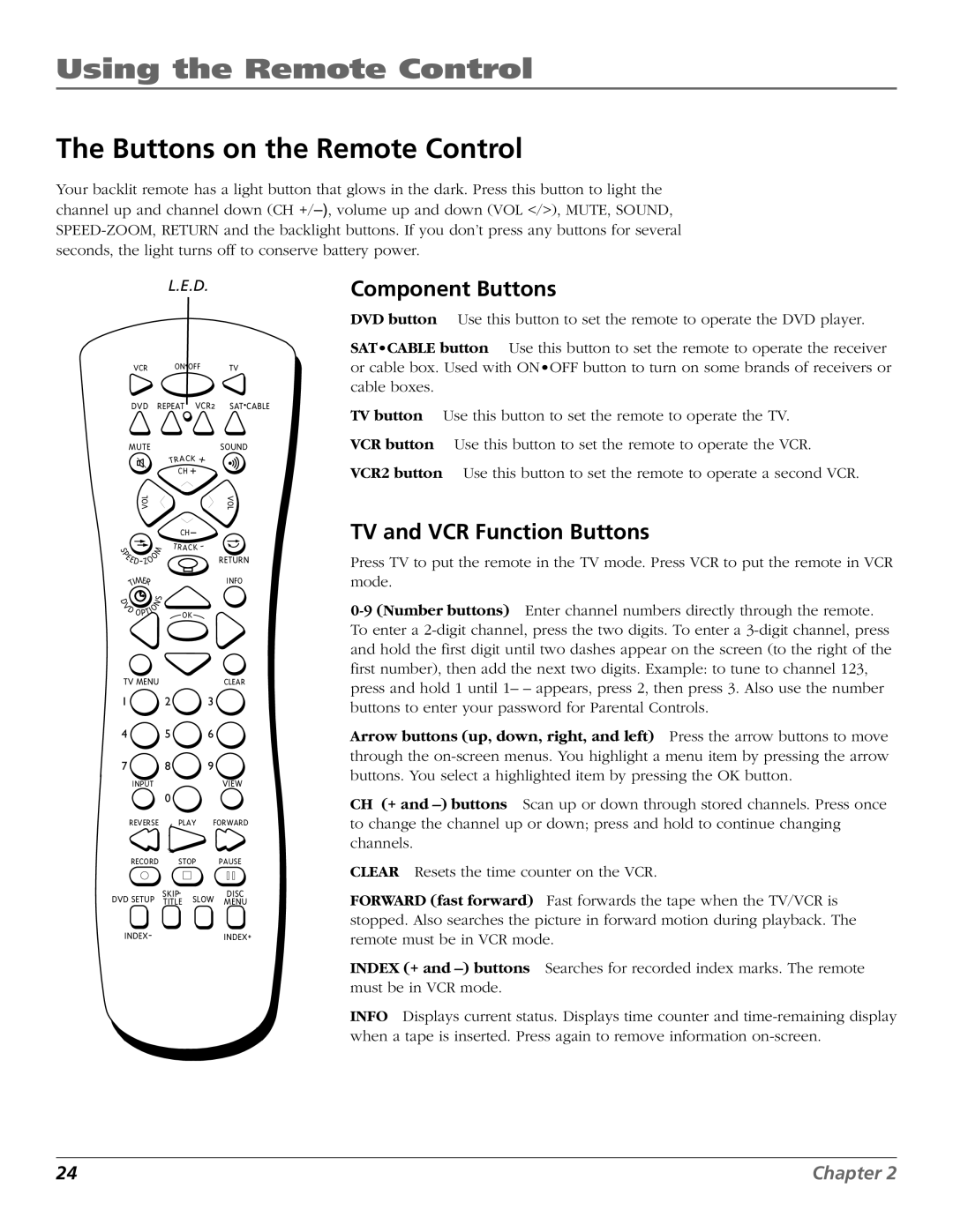 RCA B27TF680 manual Using the Remote Control, Buttons on the Remote Control, Component Buttons, TV and VCR Function Buttons 