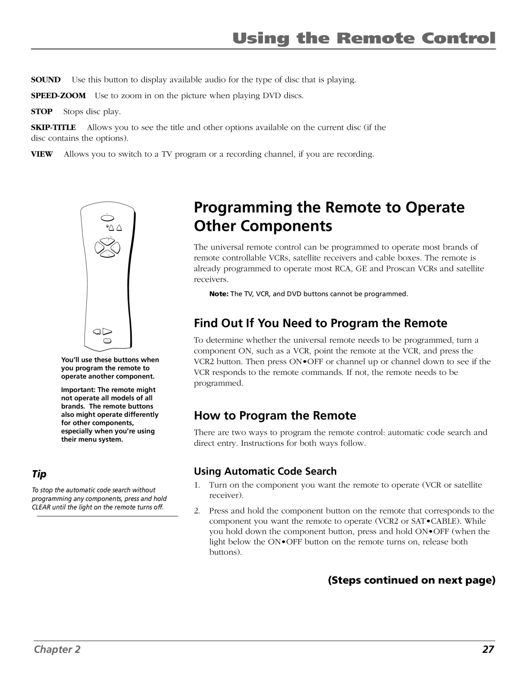 RCA B27TF680 Programming the Remote to Operate Other Components, Find Out If You Need to Program the Remote, Steps on next 