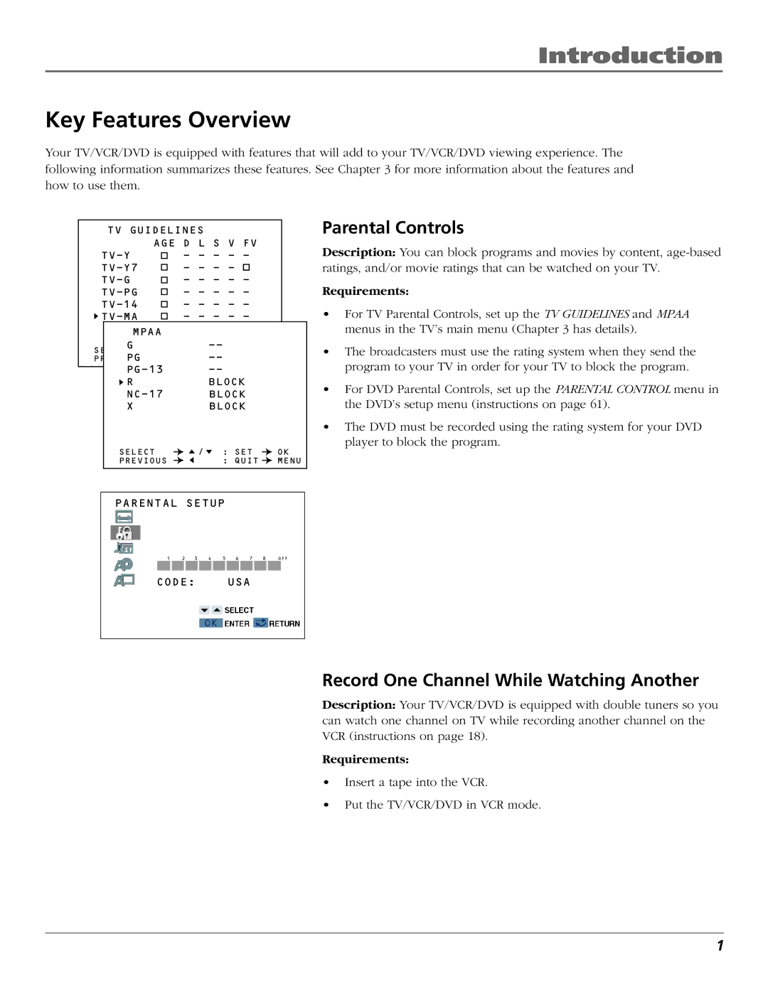 RCA B27TF680 manual Introduction, Key Features Overview, Parental Controls, Record One Channel While Watching Another 