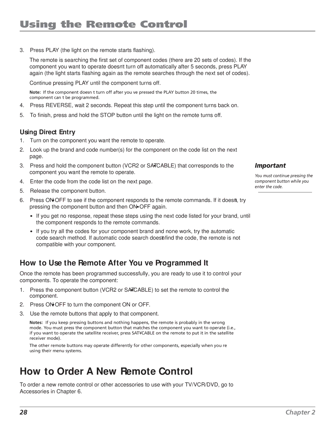 RCA B27TF680 manual How to Order a New Remote Control, Using Direct Entry 