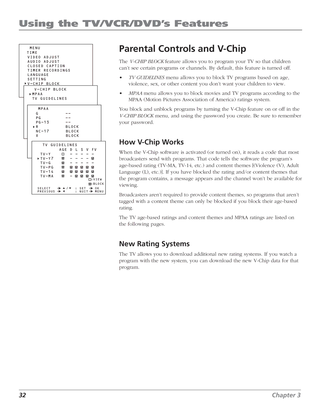 RCA B27TF680 manual Using the TV/VCR/DVD’s Features, Parental Controls and V-Chip, How V-Chip Works, New Rating Systems 