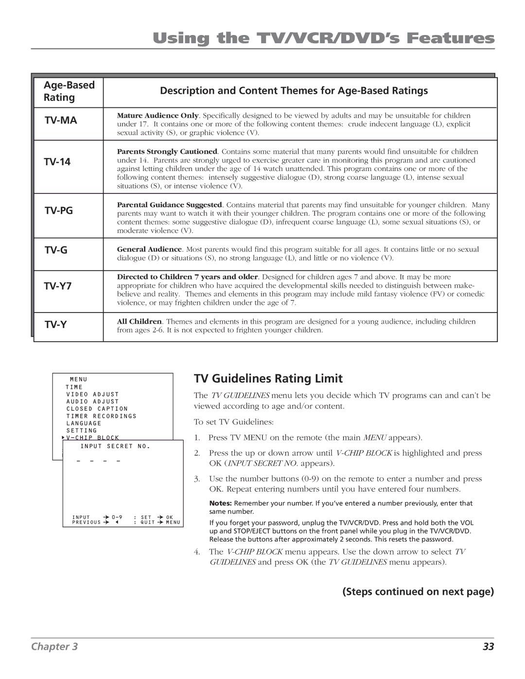 RCA B27TF680 manual TV Guidelines Rating Limit, TV-14 