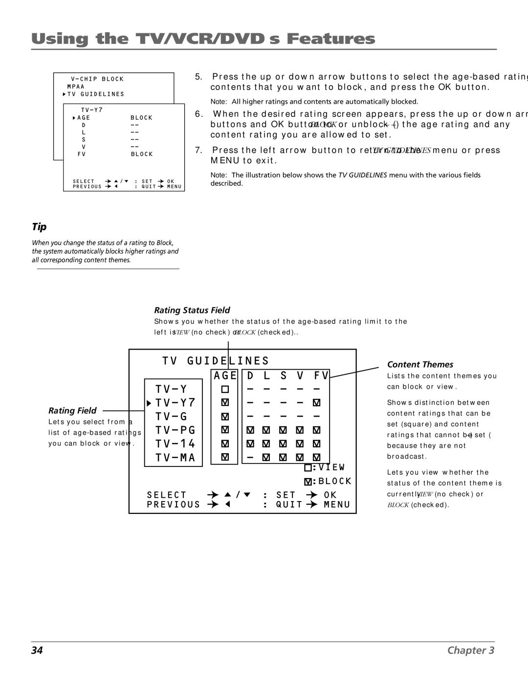 RCA B27TF680 manual TV Guidelines AGE D L S V FV TV-Y TV-Y7 TV-G TV-PG 