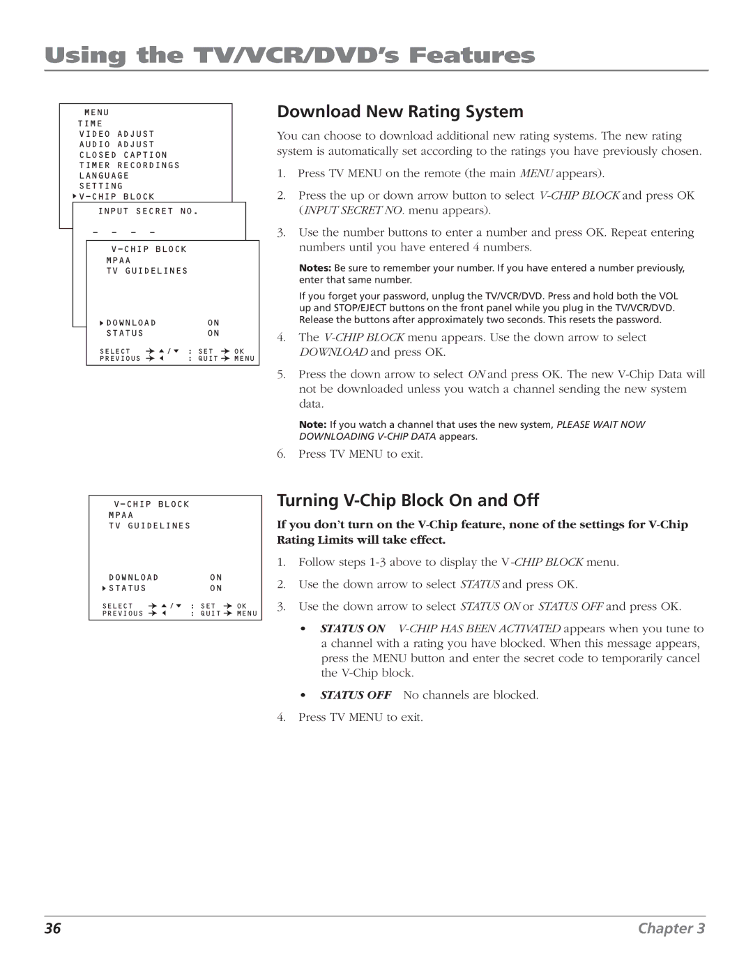 RCA B27TF680 manual Download New Rating System, Turning V-Chip Block On and Off 