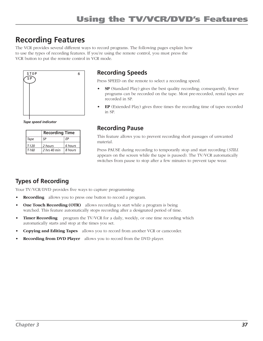 RCA B27TF680 manual Recording Features, Recording Speeds, Recording Pause, Types of Recording 