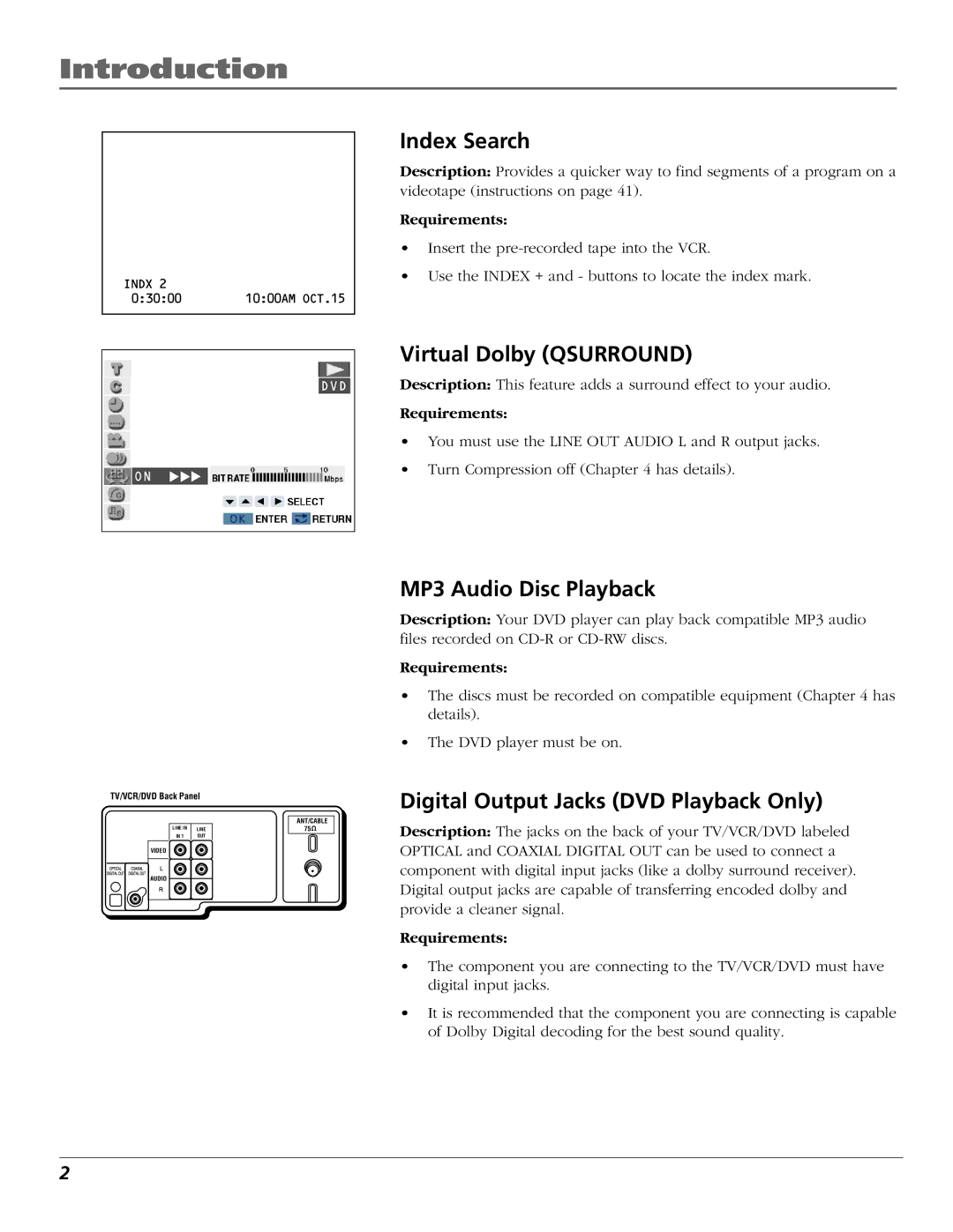 RCA B27TF680 manual Index Search, Virtual Dolby Qsurround, MP3 Audio Disc Playback, Digital Output Jacks DVD Playback Only 