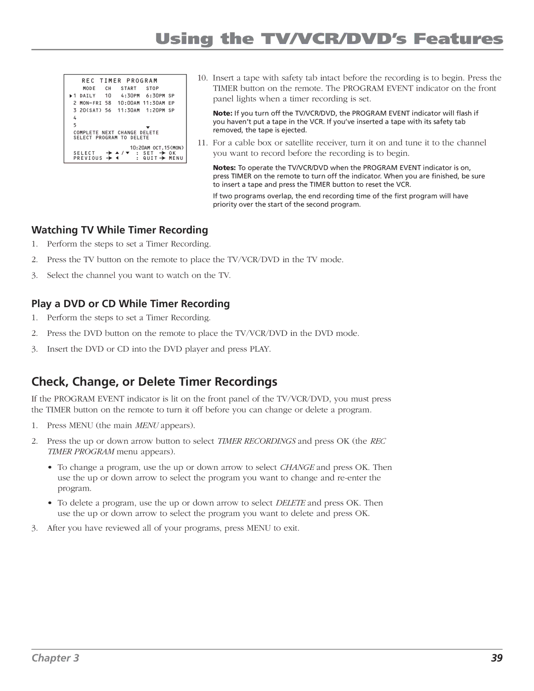 RCA B27TF680 manual Check, Change, or Delete Timer Recordings, Watching TV While Timer Recording 