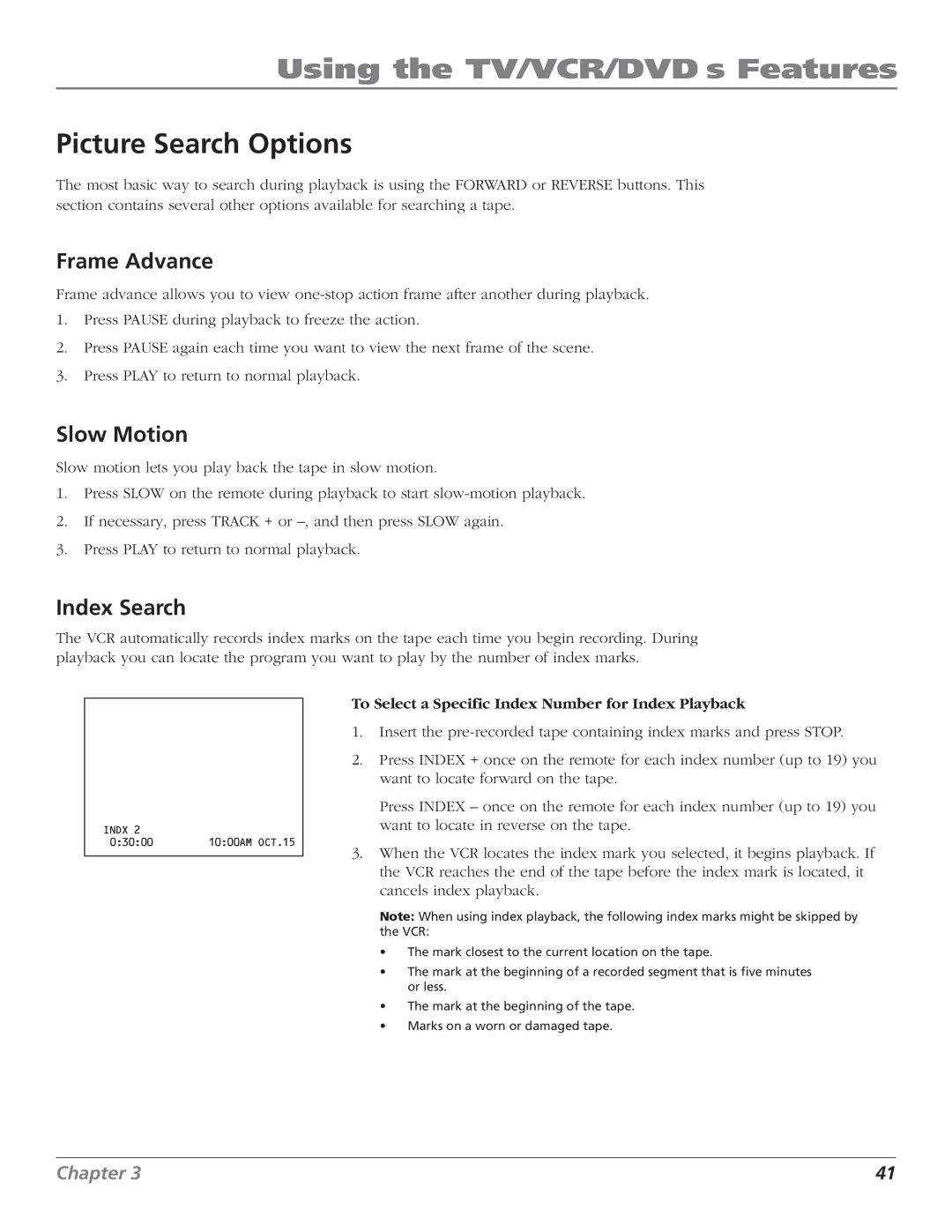 RCA B27TF680 Picture Search Options, Frame Advance, Slow Motion, To Select a Specific Index Number for Index Playback 