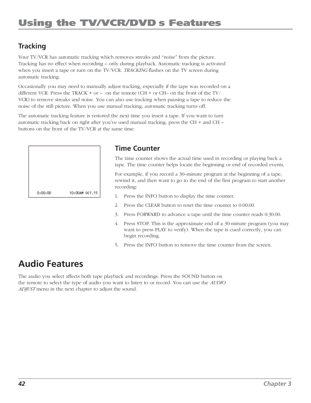 RCA B27TF680 manual Audio Features, Tracking, Time Counter 