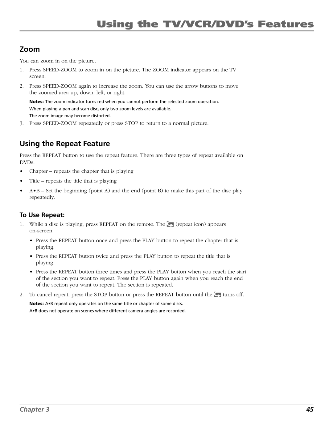 RCA B27TF680 manual Zoom, Using the Repeat Feature, To Use Repeat 