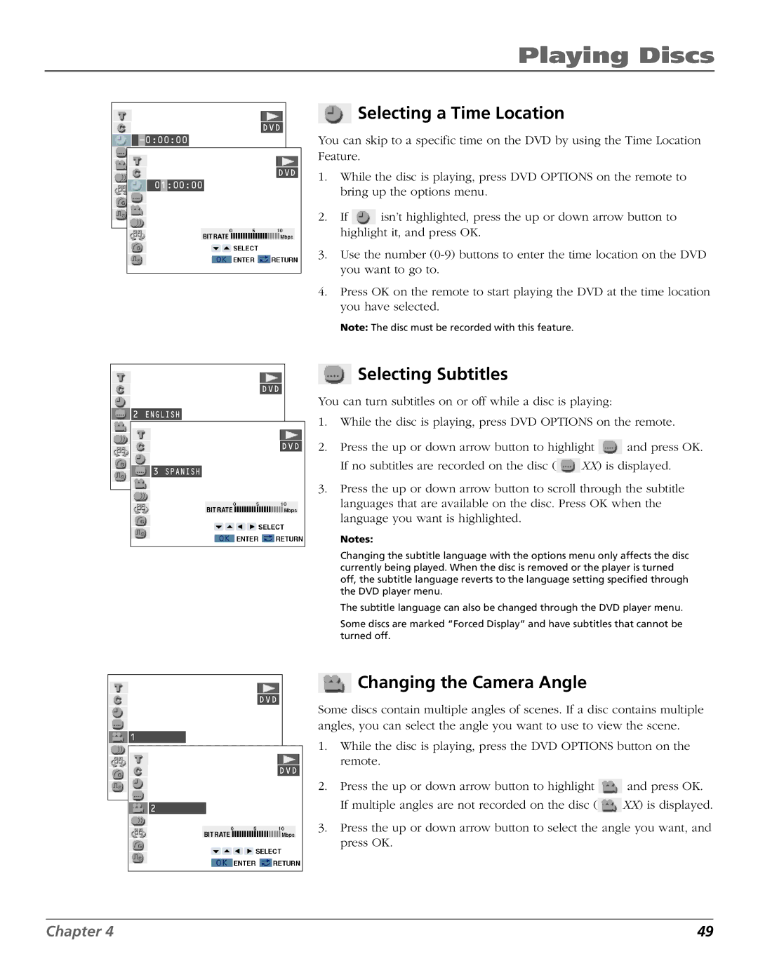 RCA B27TF680 manual Selecting a Time Location, Selecting Subtitles, Changing the Camera Angle 