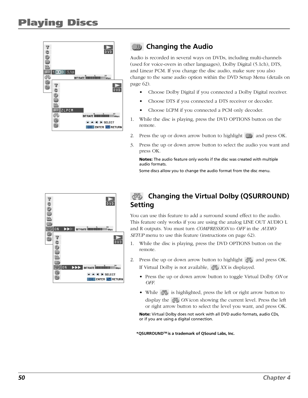 RCA B27TF680 manual Changing the Audio, Changing the Virtual Dolby Qsurround Setting 