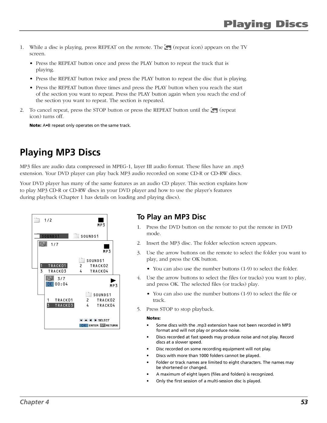 RCA B27TF680 manual Playing MP3 Discs, To Play an MP3 Disc 