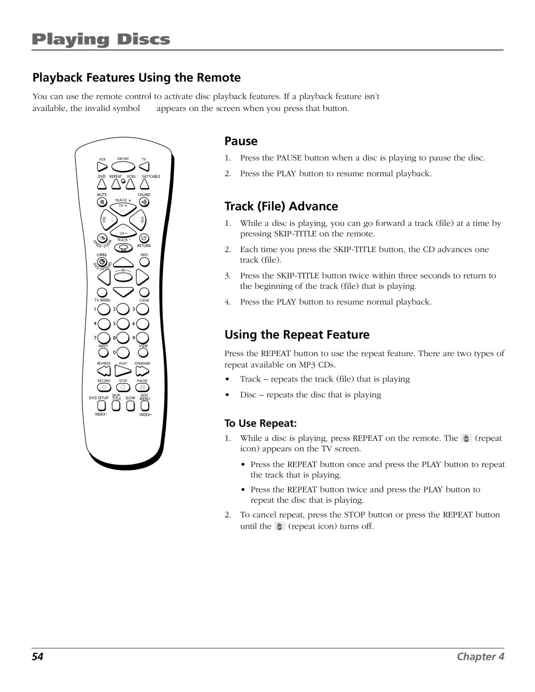 RCA B27TF680 manual Playback Features Using the Remote, Track File Advance 