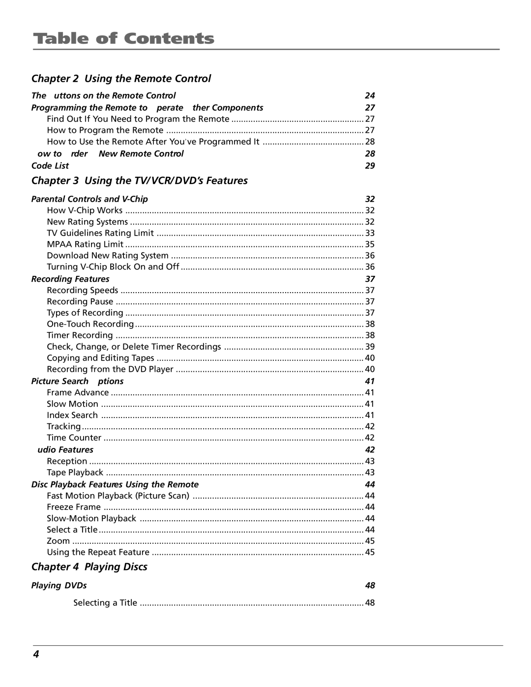 RCA B27TF680 manual Using the Remote Control, Using the TV/VCR/DVD’s Features, Playing Discs 