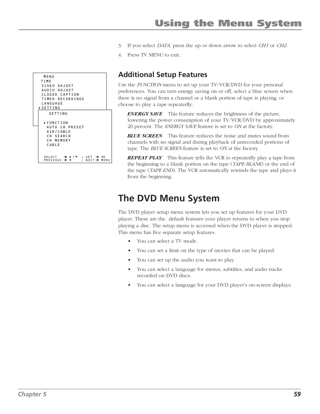 RCA B27TF680 manual DVD Menu System, Additional Setup Features 