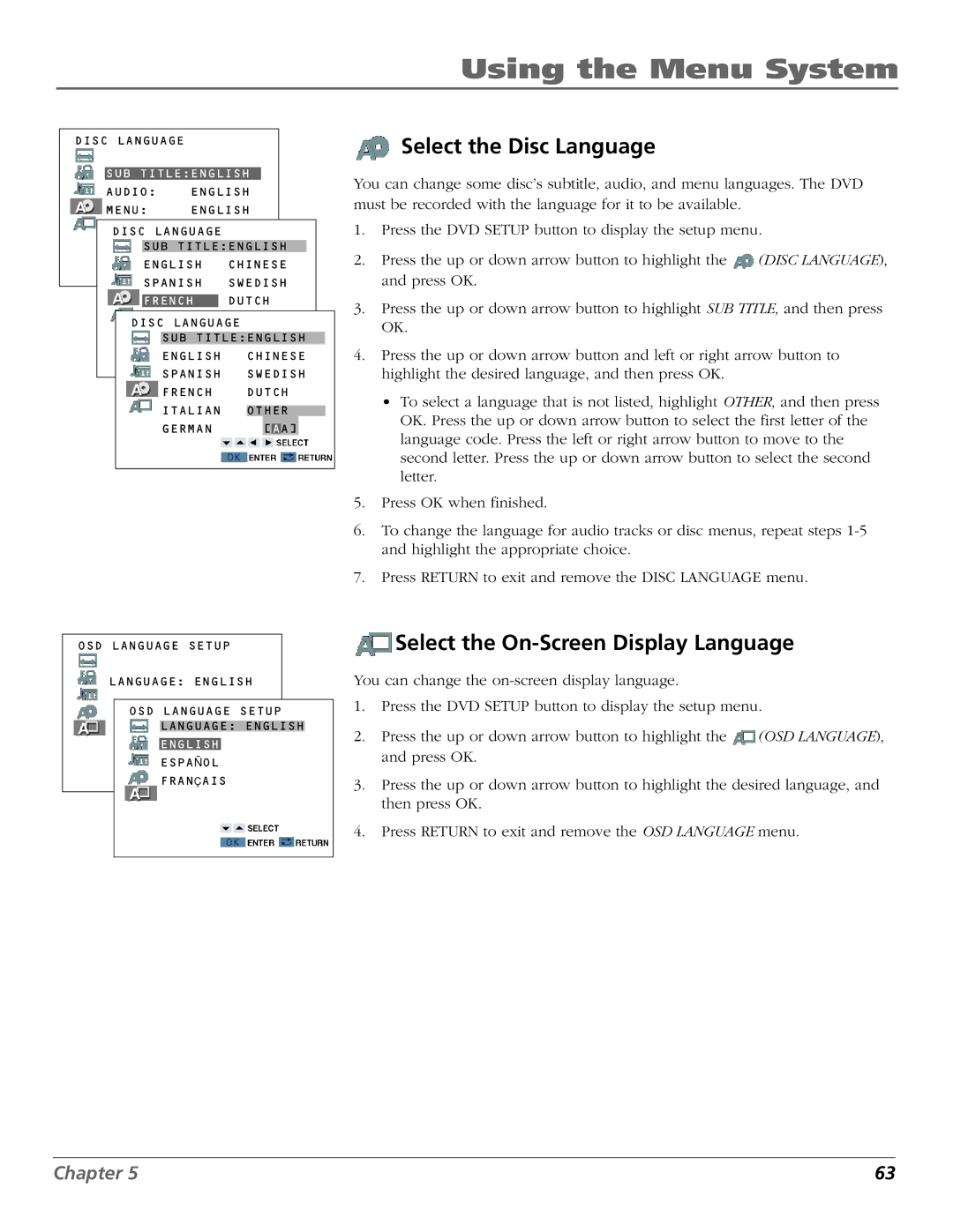 RCA B27TF680 manual Select the Disc Language, Select the On-Screen Display Language 