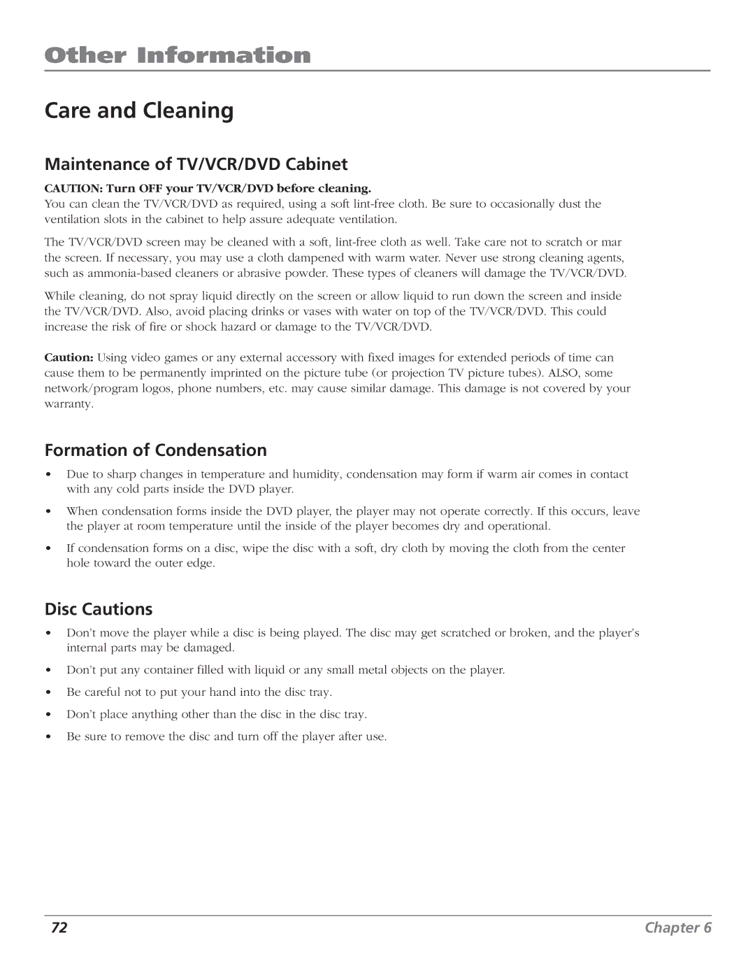 RCA B27TF680 manual Care and Cleaning, Maintenance of TV/VCR/DVD Cabinet, Formation of Condensation, Disc Cautions 