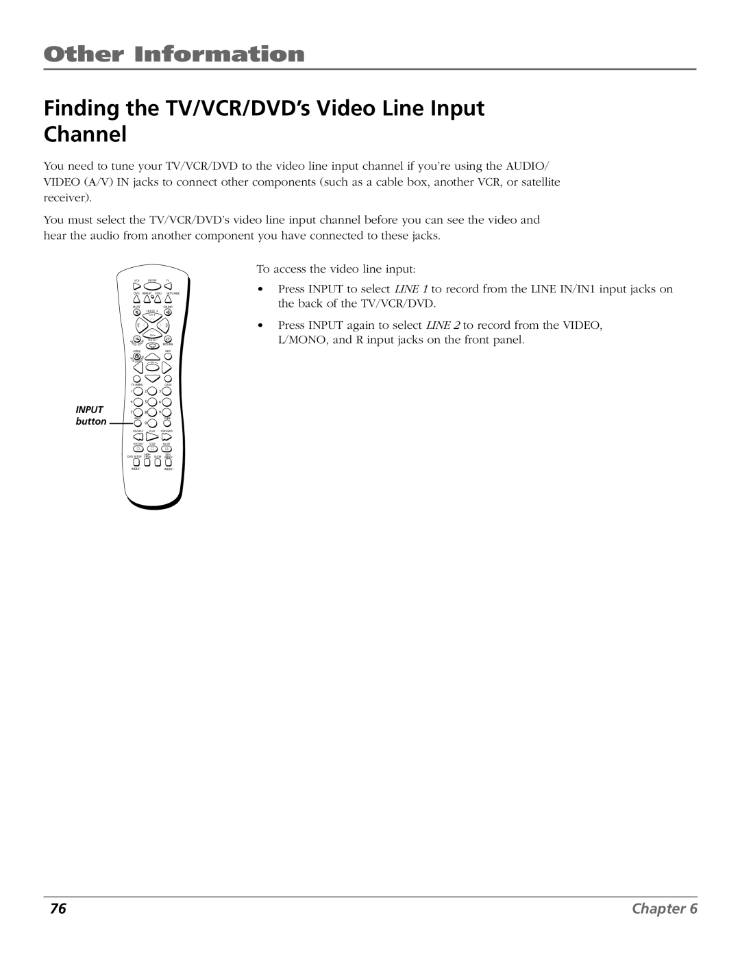 RCA B27TF680 manual Finding the TV/VCR/DVD’s Video Line Input Channel, Input button 