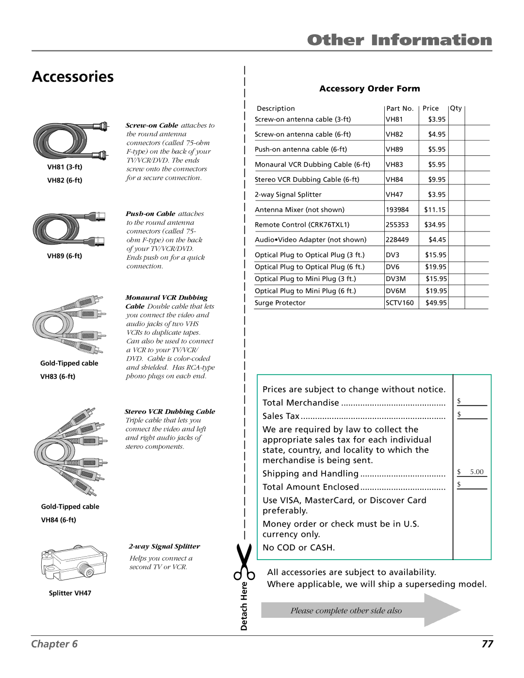 RCA B27TF680 manual Accessories, Push-on Cable attaches 