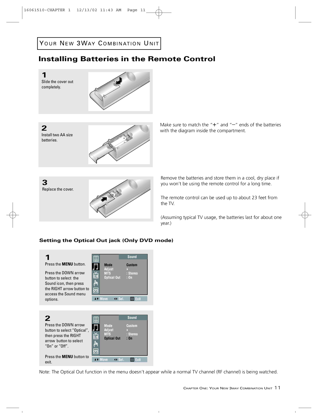 RCA B27TF685 Installing Batteries in the Remote Control, Setting the Optical Out jack Only DVD mode, Press the Menu button 