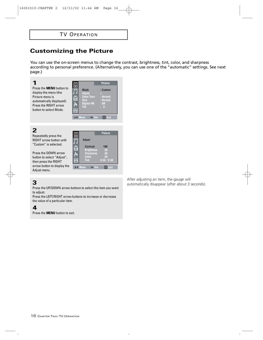 RCA B27TF685 manual Customizing the Picture 