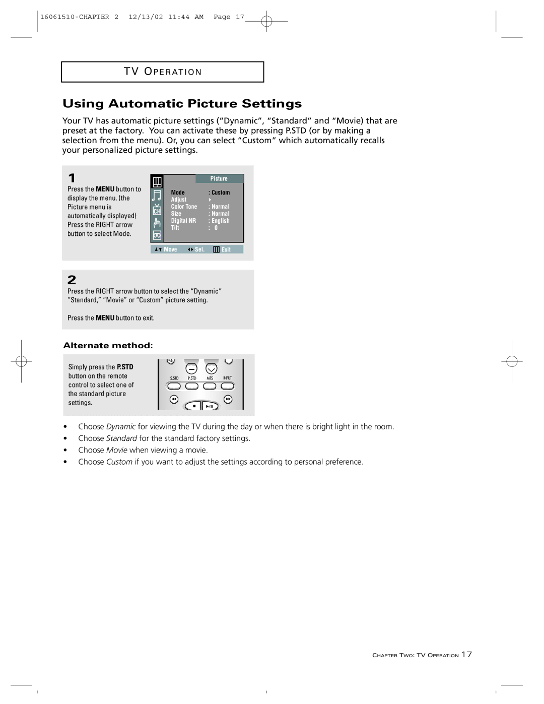 RCA B27TF685 manual Using Automatic Picture Settings, Alternate method 